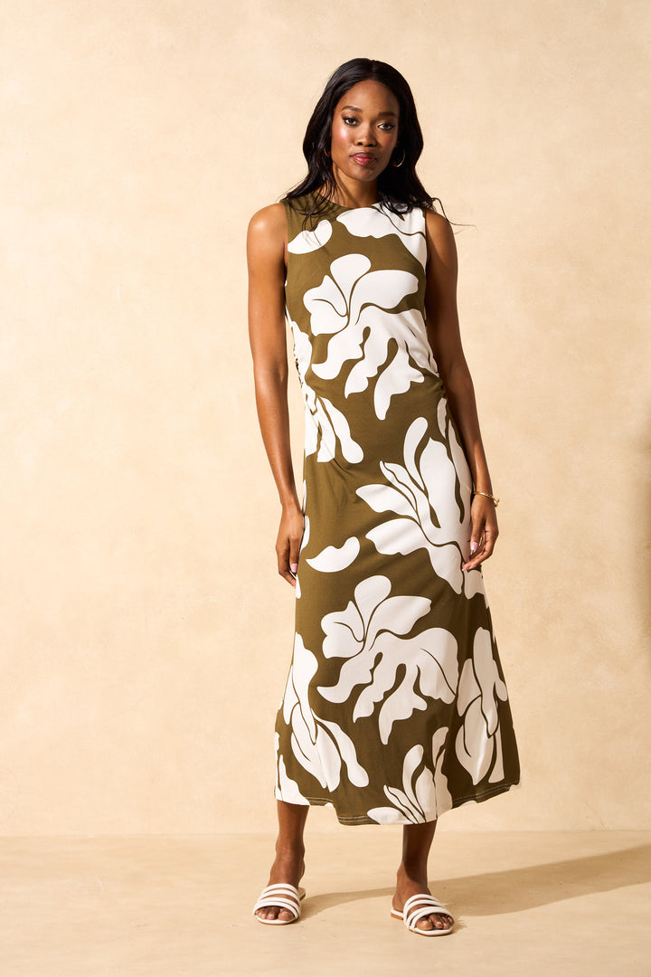 Ruched Slinky Maxi Dress - Olive