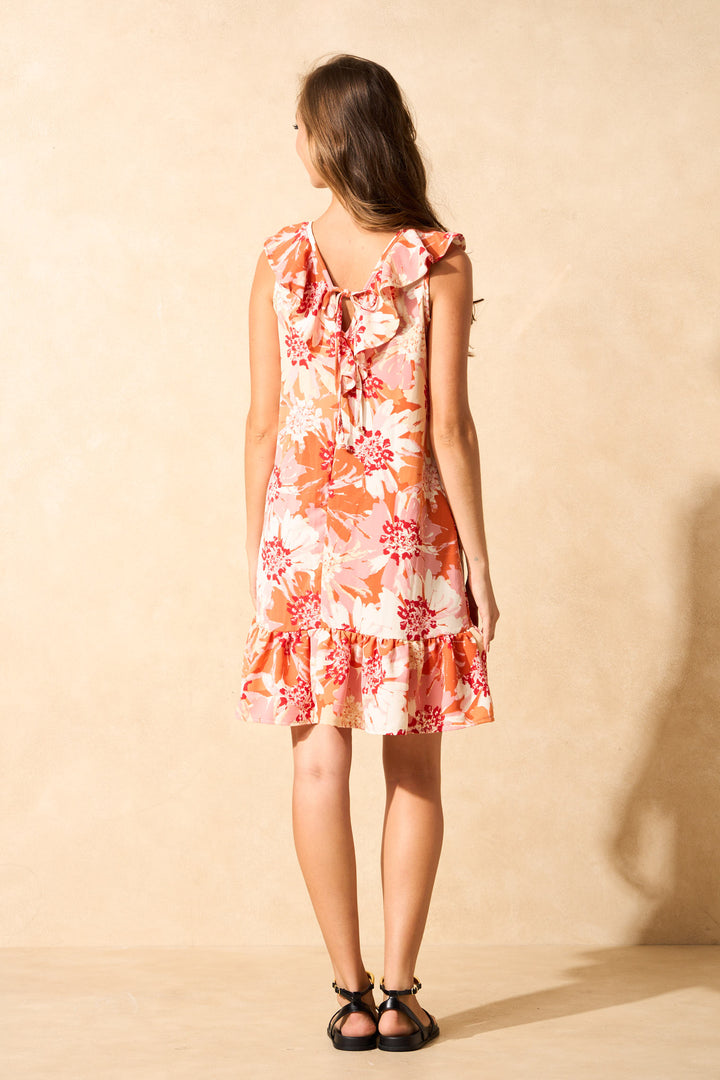 V-Neck Frill Hem Printed Mini Dress - Orange