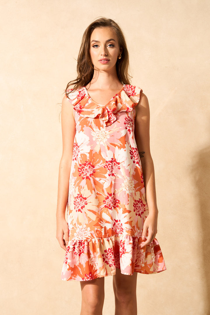 V-Neck Frill Hem Printed Mini Dress - Orange
