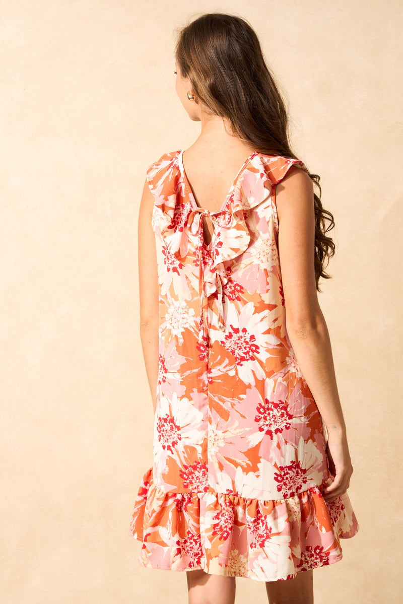 V-Neck Frill Hem Printed Mini Dress - Orange