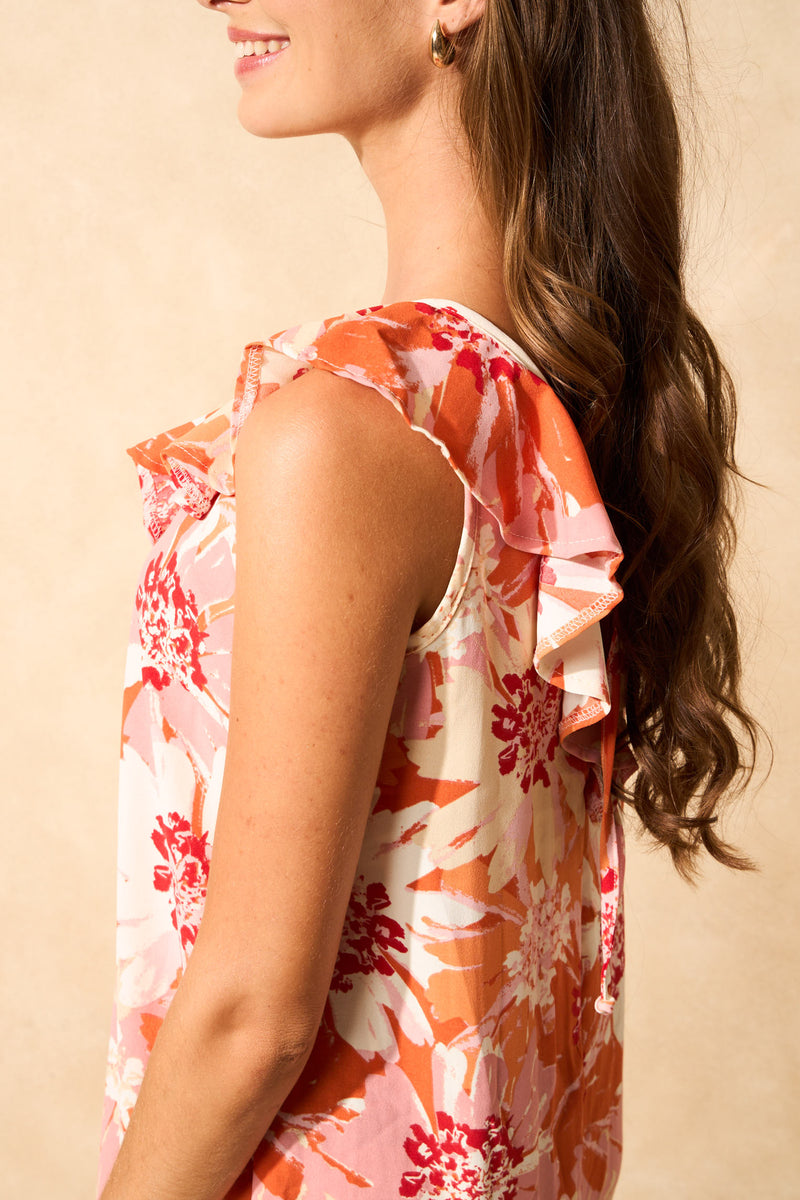 V-Neck Frill Hem Printed Mini Dress - Orange