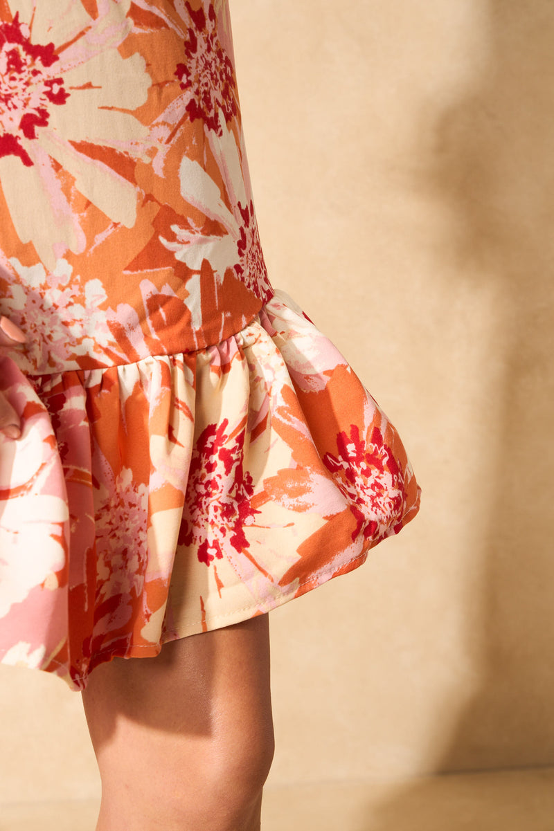 V-Neck Frill Hem Printed Mini Dress - Orange