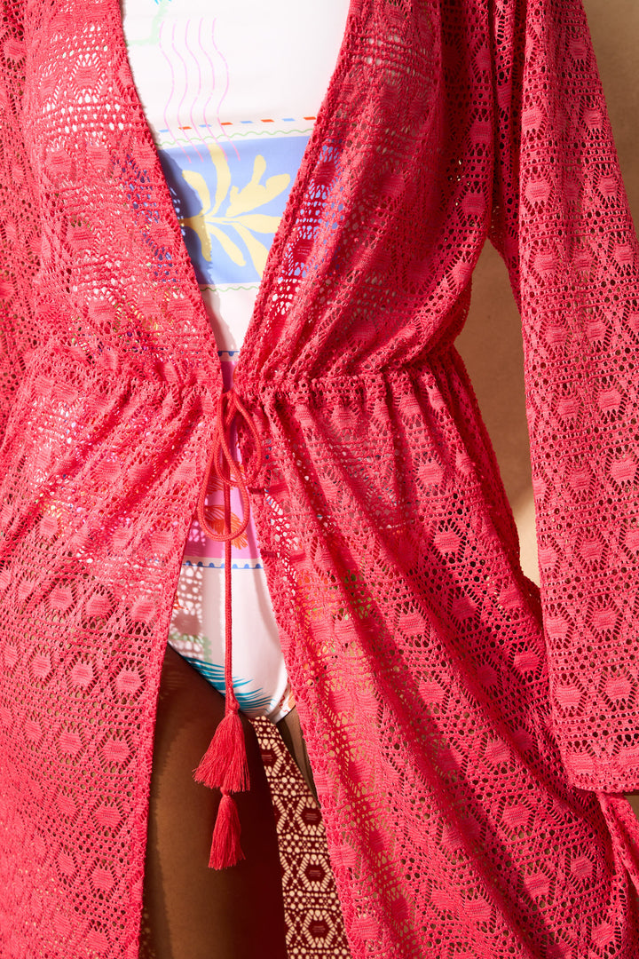 Crochet Maxi Kimono - Pink