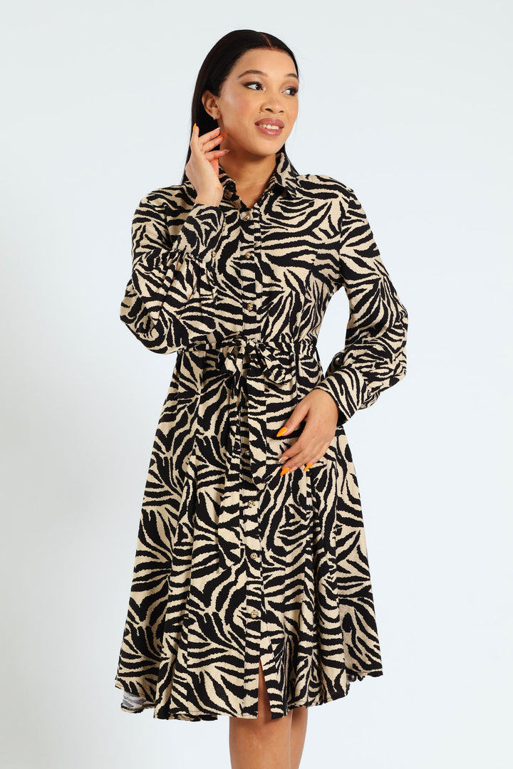 Button Through Godet Hem Tea Dress - Black/White