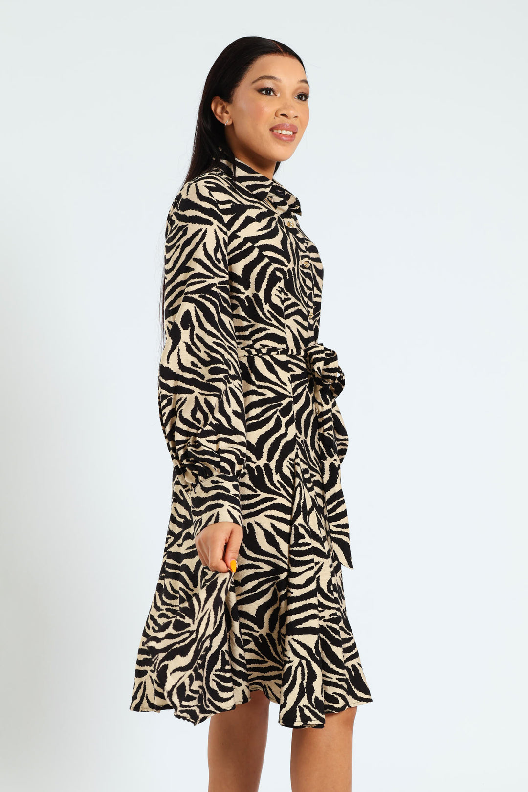 Button Through Godet Hem Tea Dress - Black/White