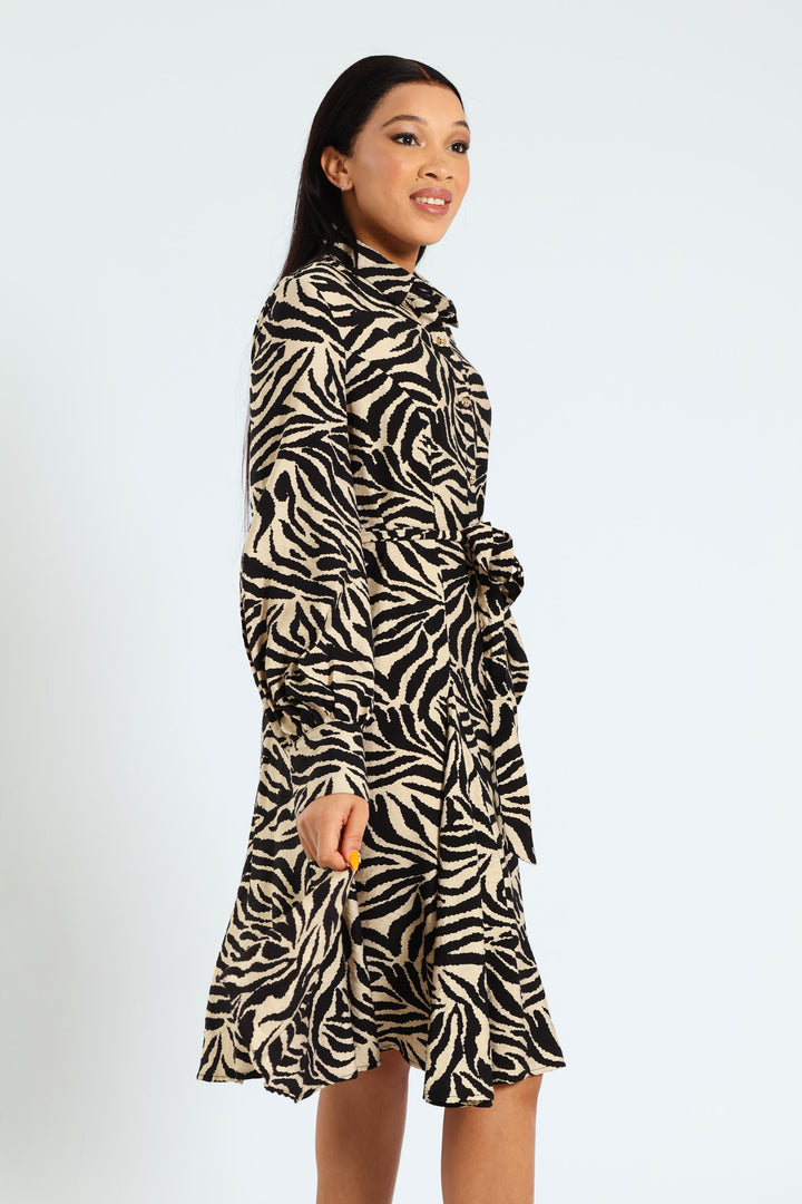 Button Through Godet Hem Tea Dress - Black/White