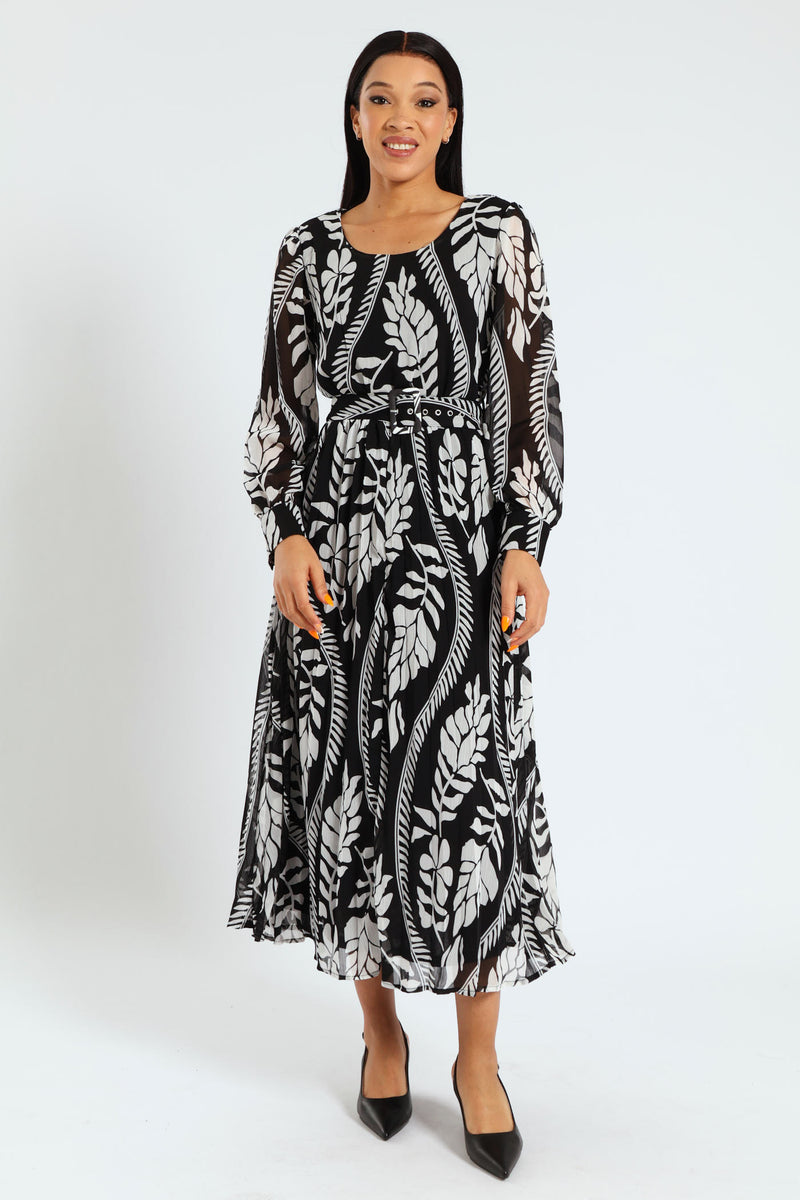 Square Neck Pleated Maxi Dress - Black/Cream
