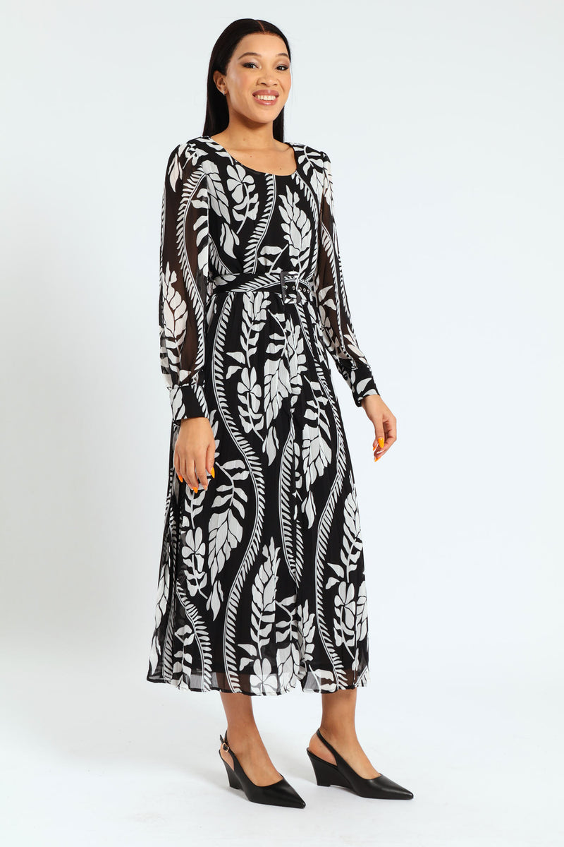 Square Neck Pleated Maxi Dress - Black/Cream