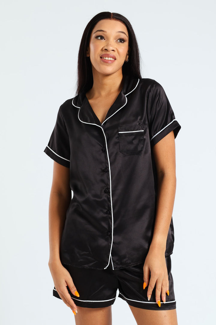 Plain Satin Button Through Short Set - Black