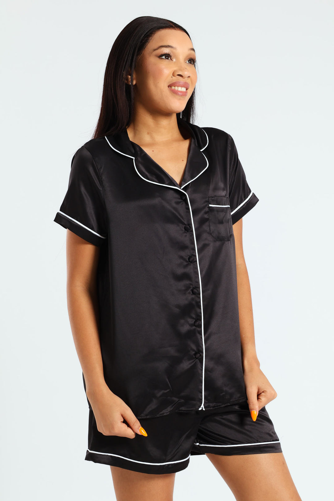 Plain Satin Button Through Short Set - Black