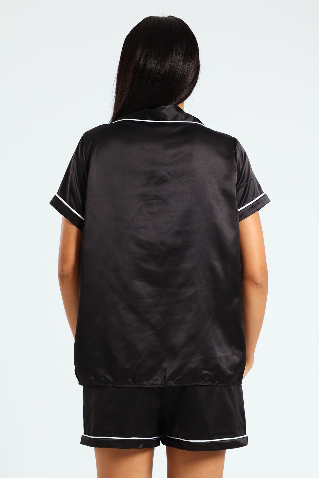 Plain Satin Button Through Short Set - Black