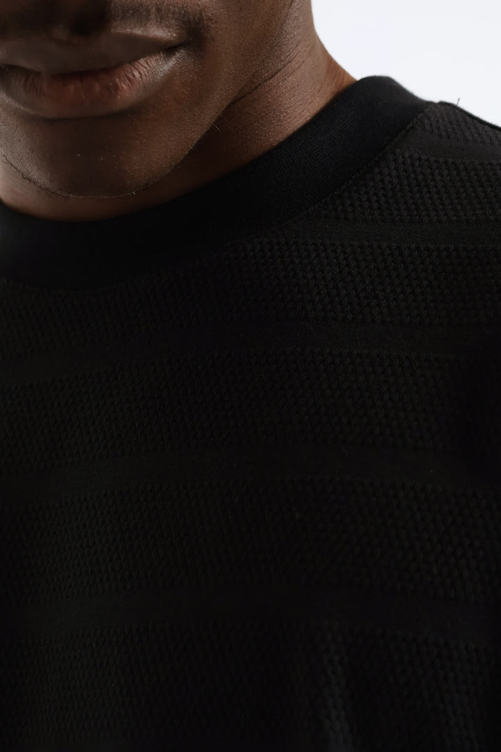 Basic Stripe Waffle Tee - Black