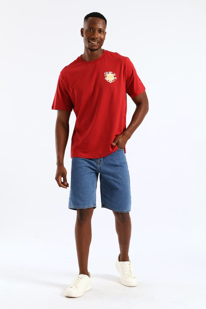 Follow The Sun Chest Print Tee - Dark Red