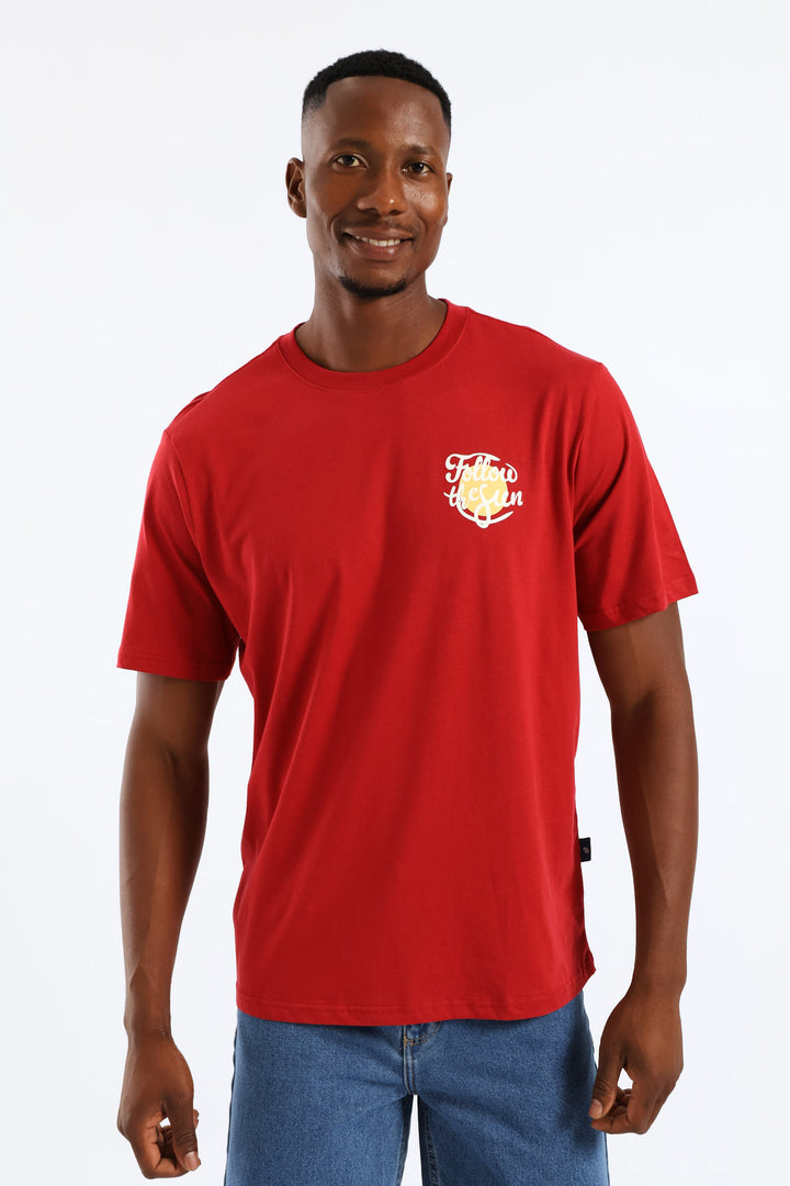 Follow The Sun Chest Print Tee - Dark Red