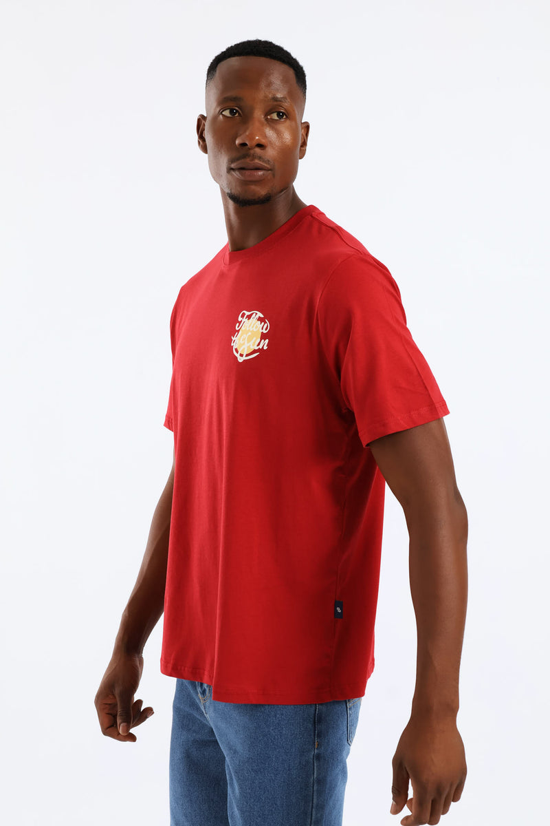Follow The Sun Chest Print Tee - Dark Red