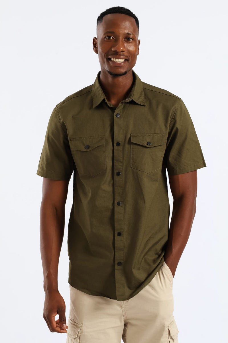 Flap Pocket Washed Oxford Shirt - Olive