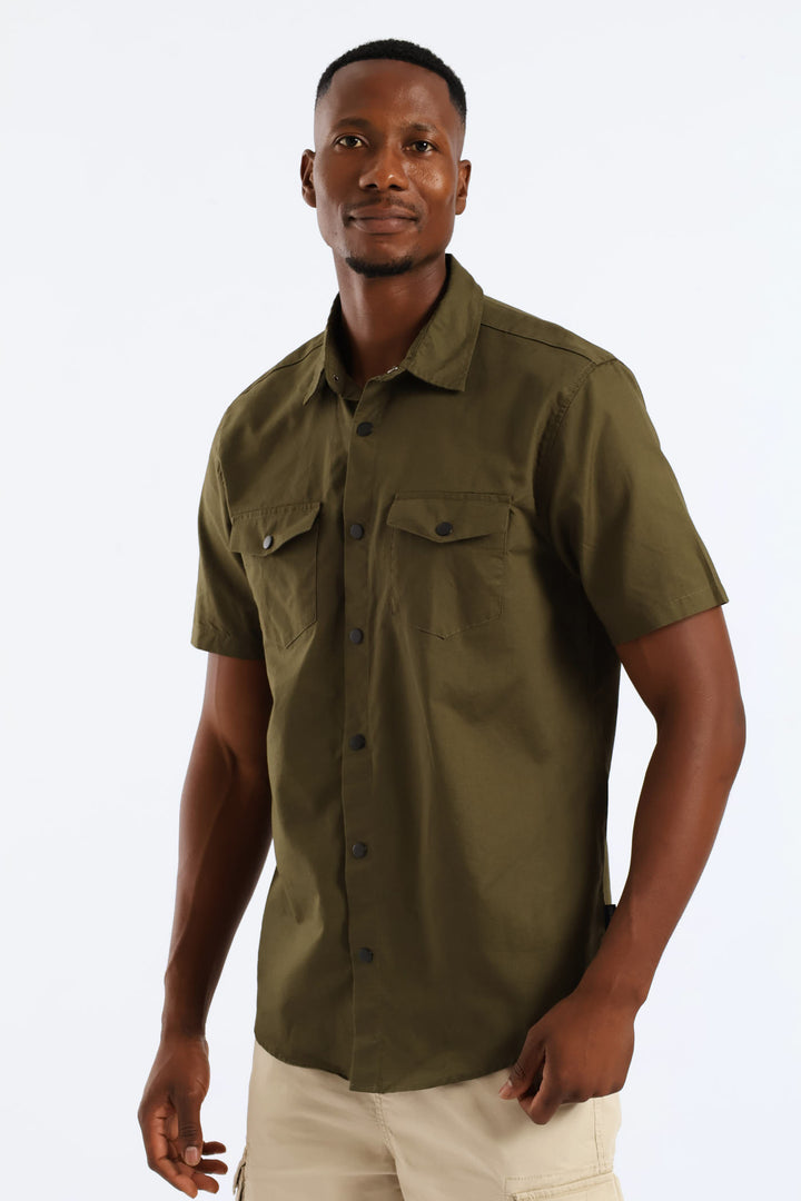 Flap Pocket Washed Oxford Shirt - Olive