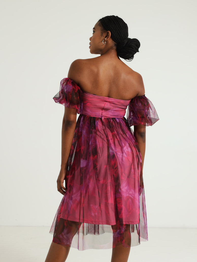 Volume Sleeve Twist Front Floral Prom Dress Pink Edgars