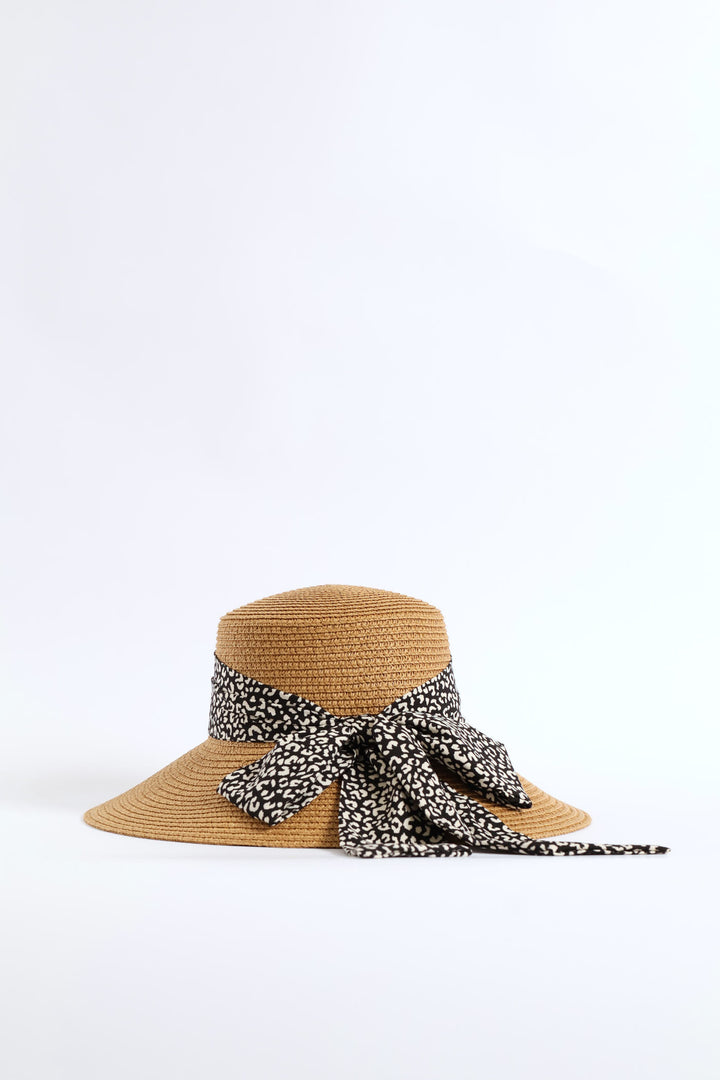 Leopard Ribbon Turned Down Straw Hat - Tan