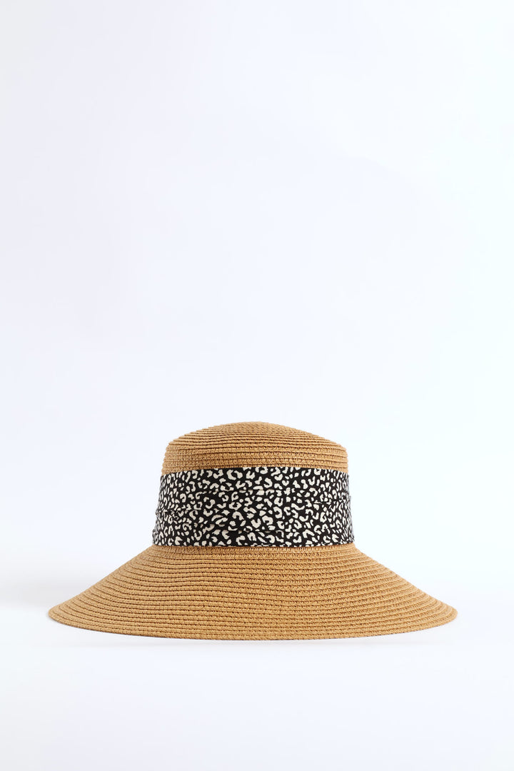 Leopard Ribbon Turned Down Straw Hat - Tan