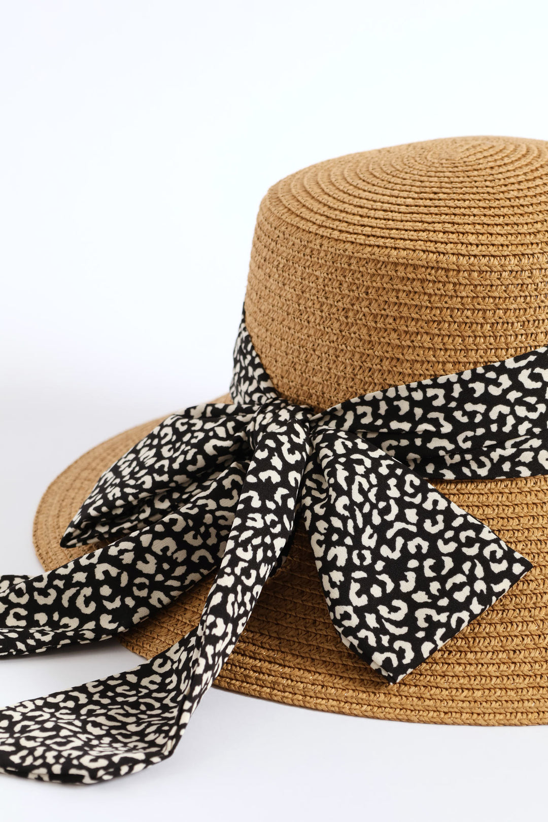 Leopard Ribbon Turned Down Straw Hat - Tan