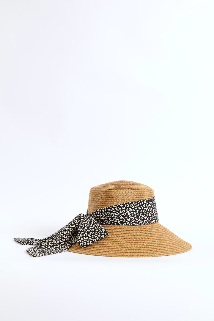Leopard Ribbon Turned Down Straw Hat - Tan