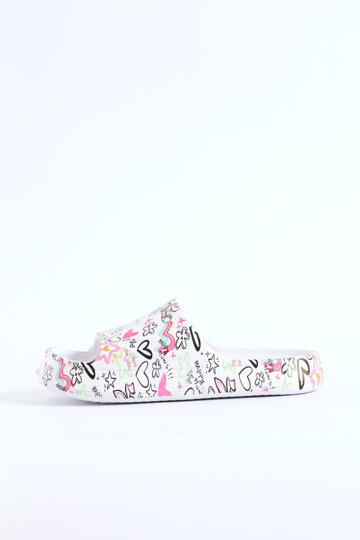 Girls Graffiti Print Slide - White