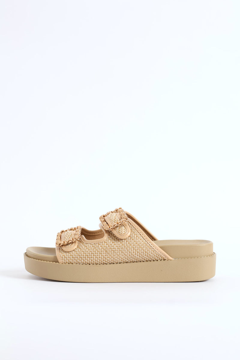 Raffia Double Band Mule On Comfort Outsole - Natural