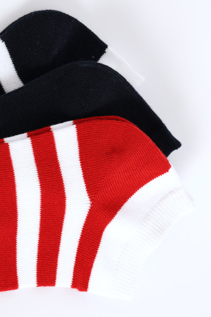 3 Pack Stripe Low Cut Socks - Red/Navy