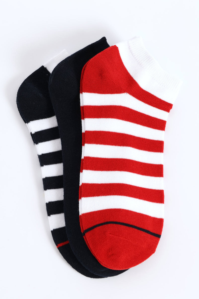 3 Pack Stripe Low Cut Socks - Red/Navy