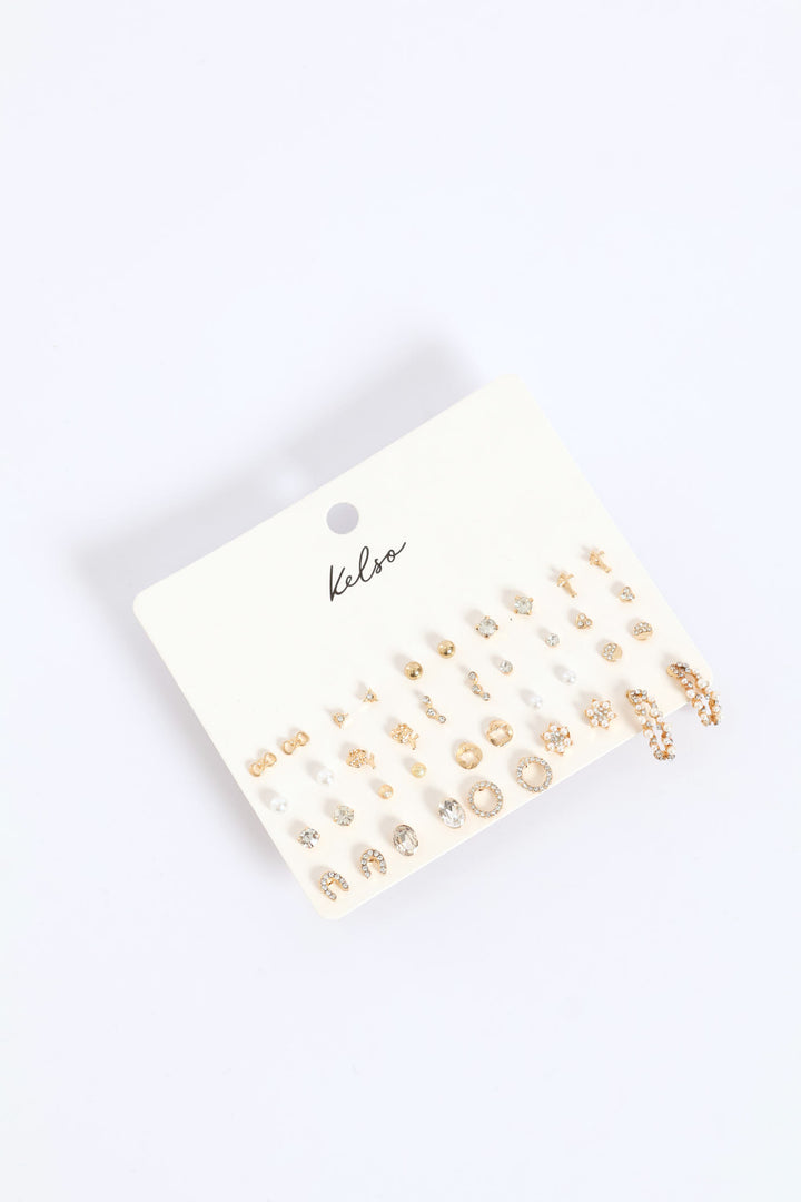 20 Pack Jewel Pearl & Bead Star Earrings - Gold