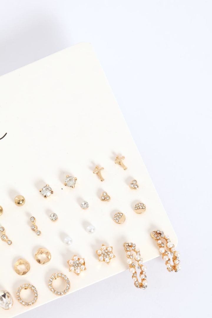 20 Pack Jewel Pearl & Bead Star Earrings - Gold