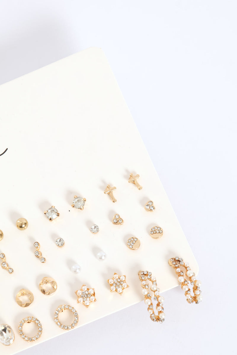 20 Pack Jewel Pearl & Bead Star Earrings - Gold