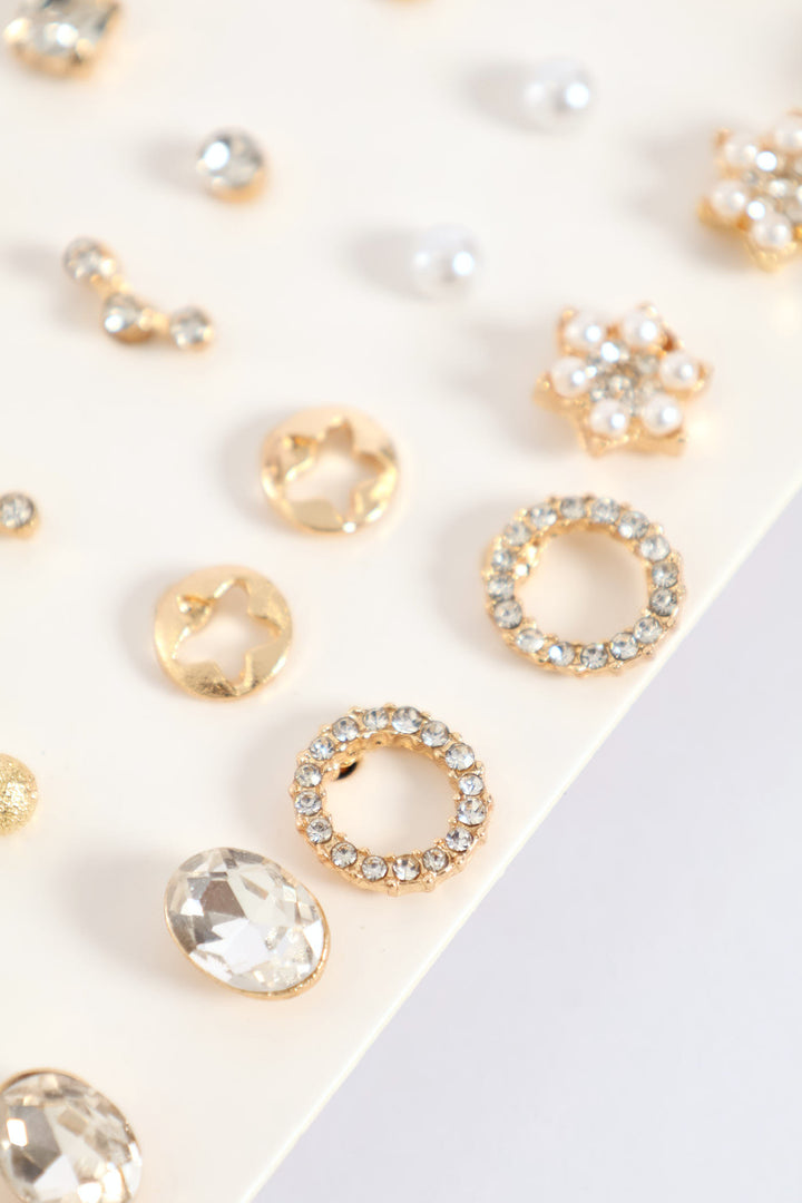 20 Pack Jewel Pearl & Bead Star Earrings - Gold