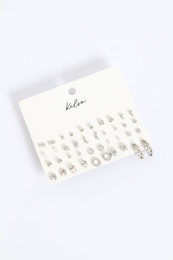 20 Pack Jewel Pearl & Bead Star Earrings - Silver