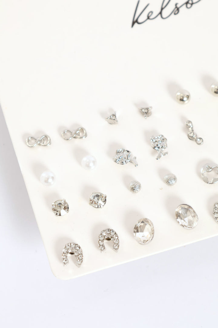 20 Pack Jewel Pearl & Bead Star Earrings - Silver
