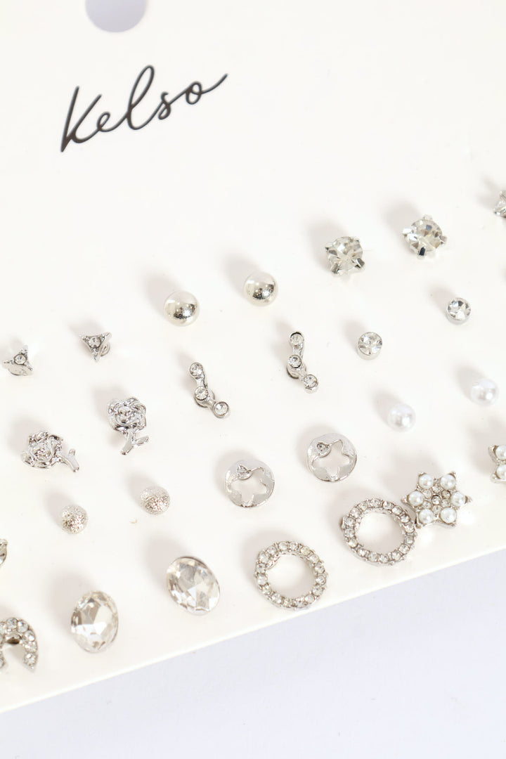 20 Pack Jewel Pearl & Bead Star Earrings - Silver