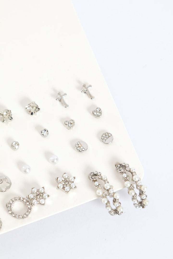 20 Pack Jewel Pearl & Bead Star Earrings - Silver