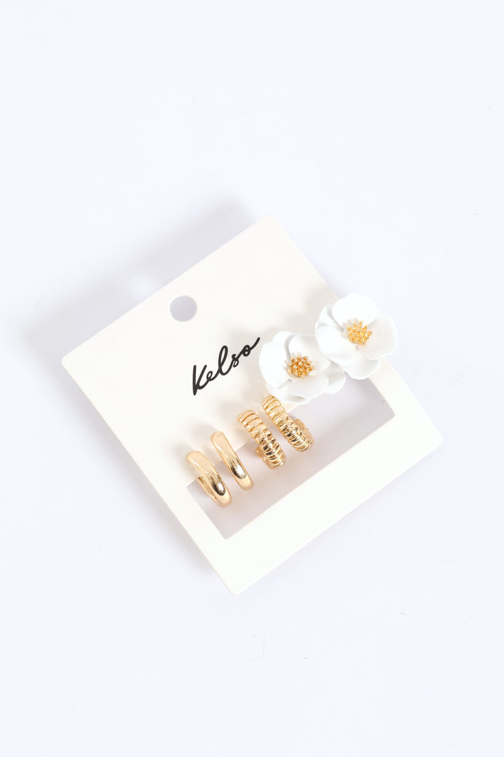 3 Pack Floral Hoop Earrings - Gold