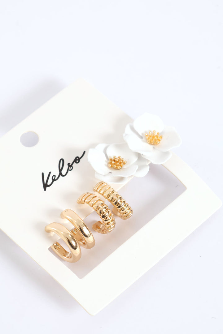 3 Pack Floral Hoop Earrings - Gold