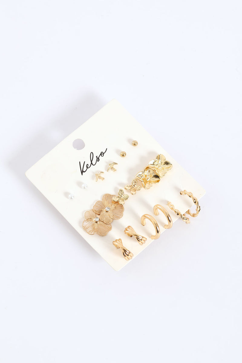 9 Pack Floral Studs & Hoop Earrings - Gold