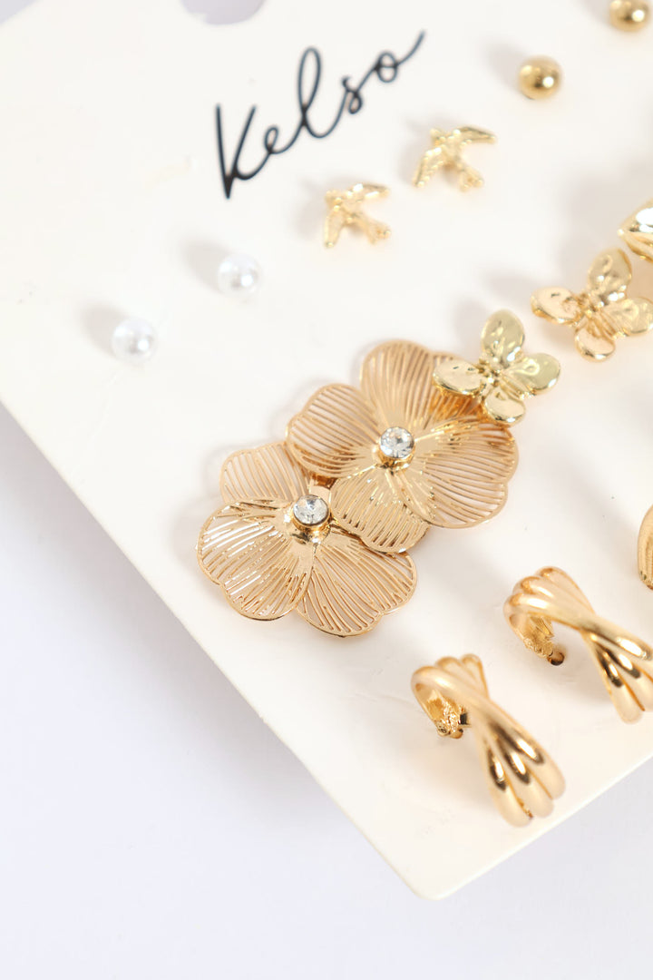 9 Pack Floral Studs & Hoop Earrings - Gold