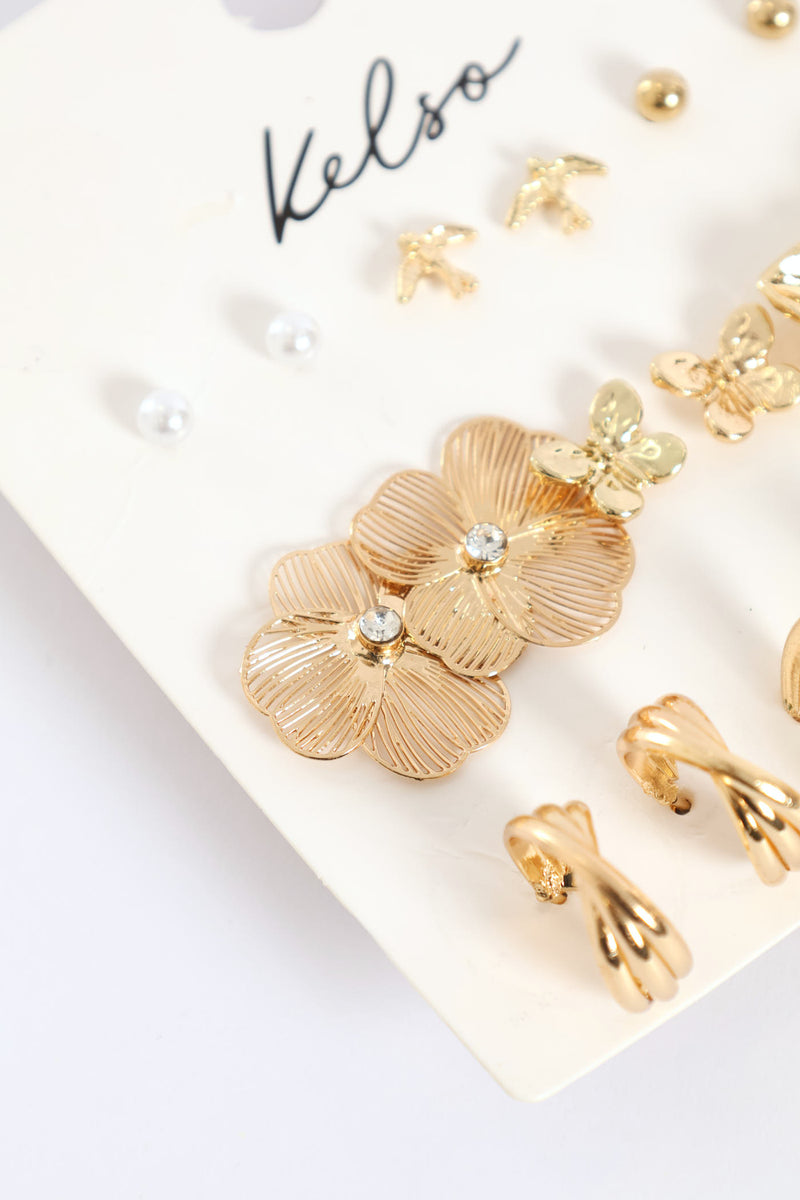 9 Pack Floral Studs & Hoop Earrings - Gold