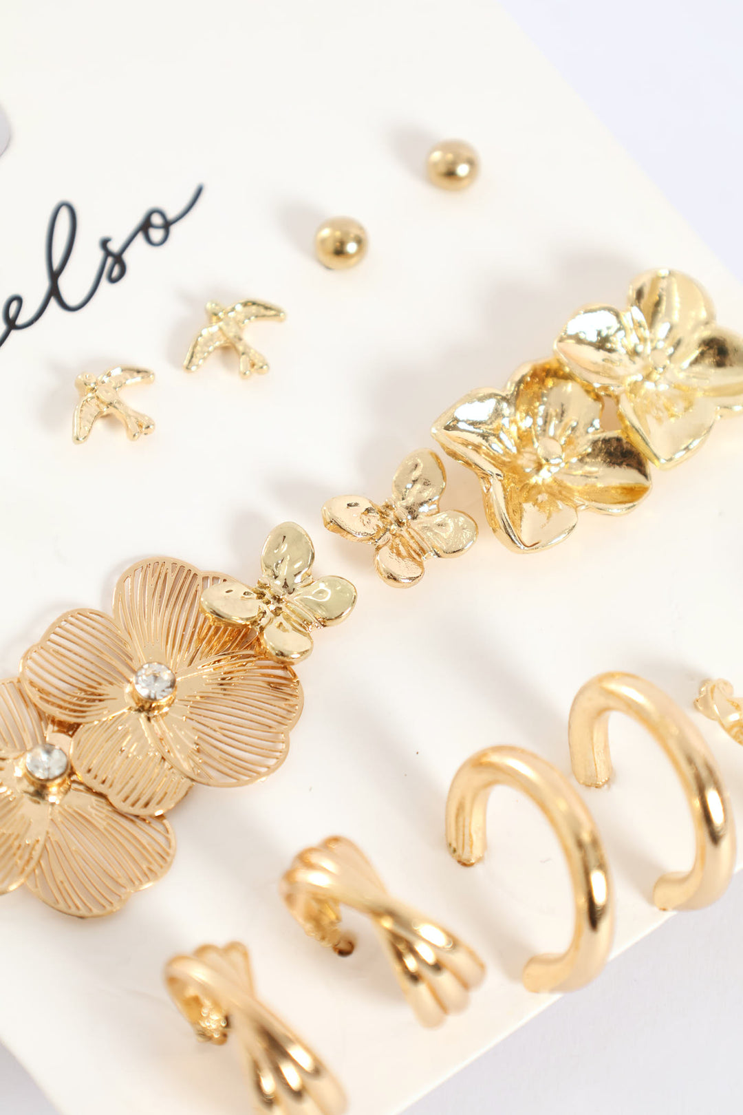9 Pack Floral Studs & Hoop Earrings - Gold
