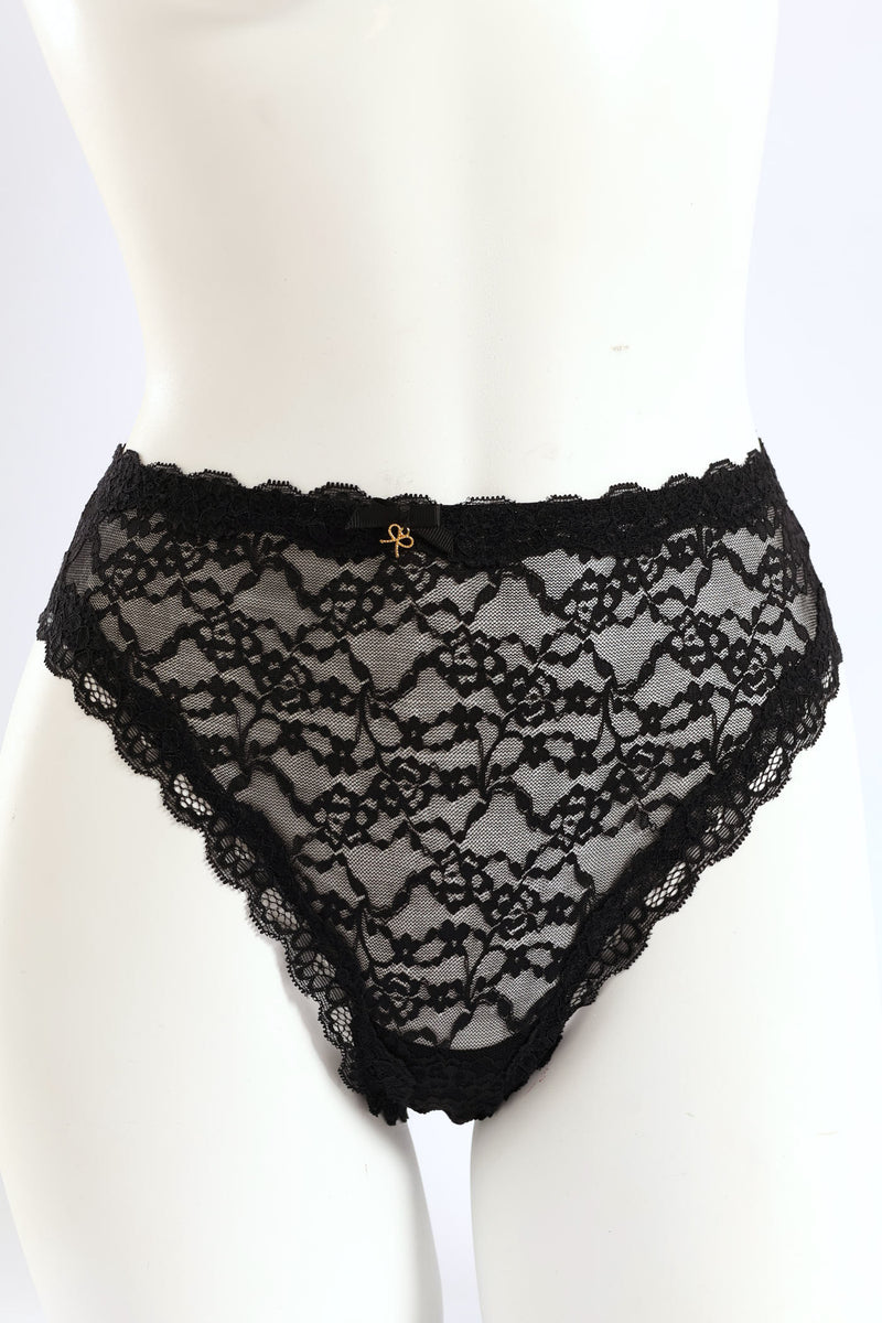 Shiny Microfibre & Lace Front Bikini Panty - Black