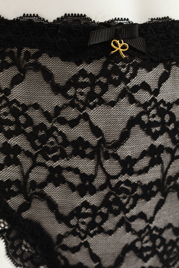 Shiny Microfibre & Lace Front Bikini Panty - Black