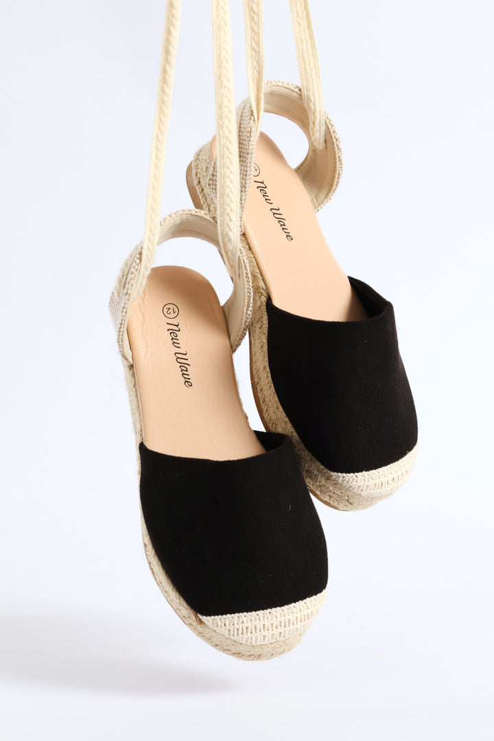 Girls Espadrille Ankle Tie Pump - Black