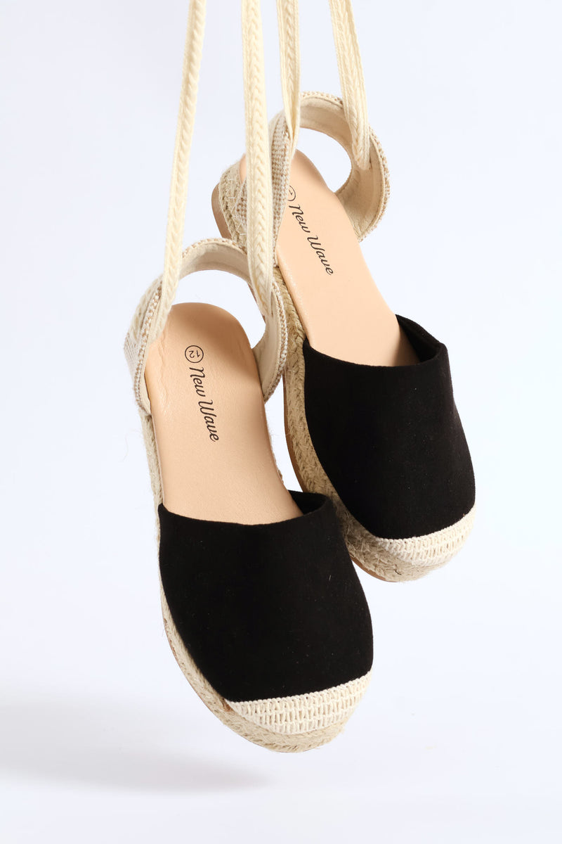 Girls Espadrille Ankle Tie Pump - Black