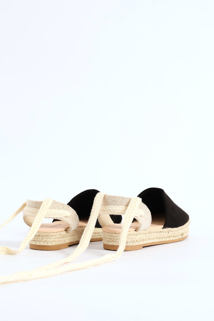 Girls Espadrille Ankle Tie Pump - Black