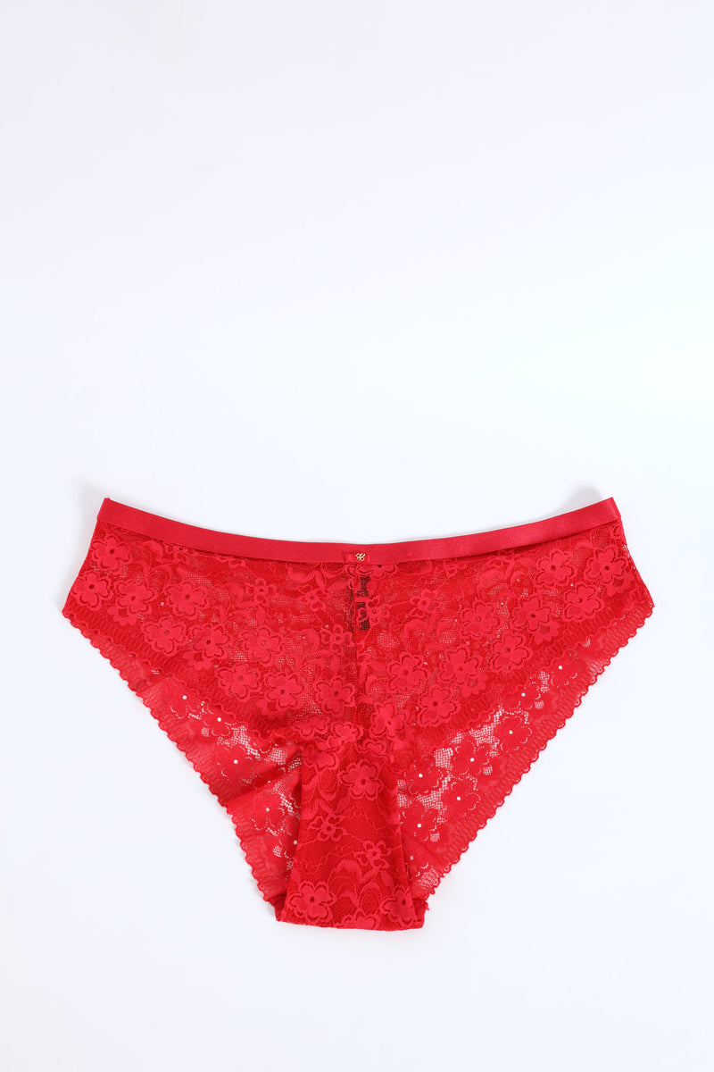 Shimmer Waistband Lace Midi Panty - Red